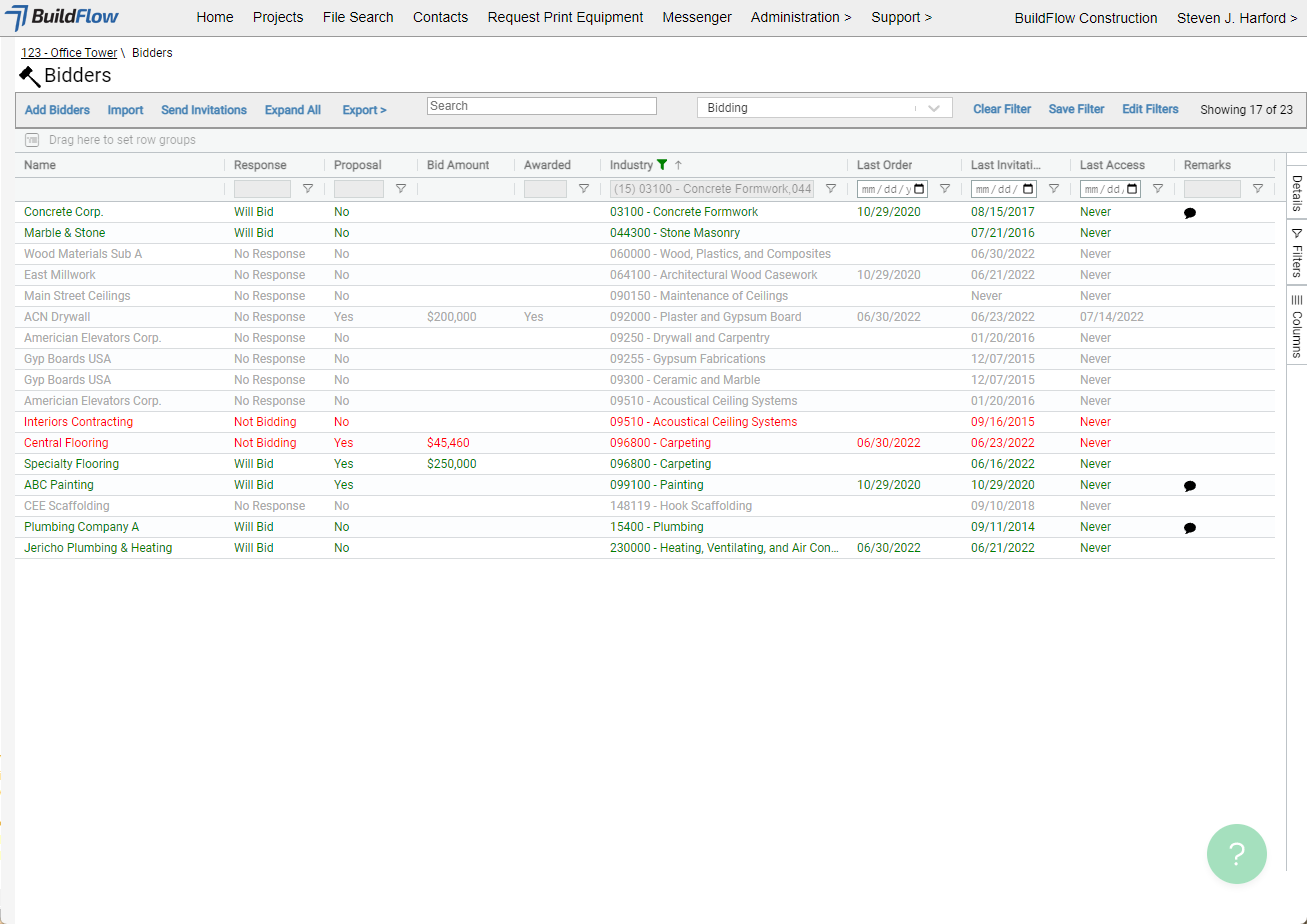 BuildFlow Bid Management interface showing bidder list with response tracking and document distribution