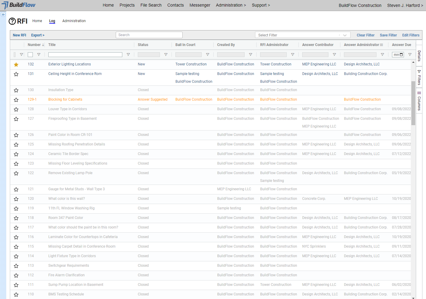 BuildFlow RFI Management interface