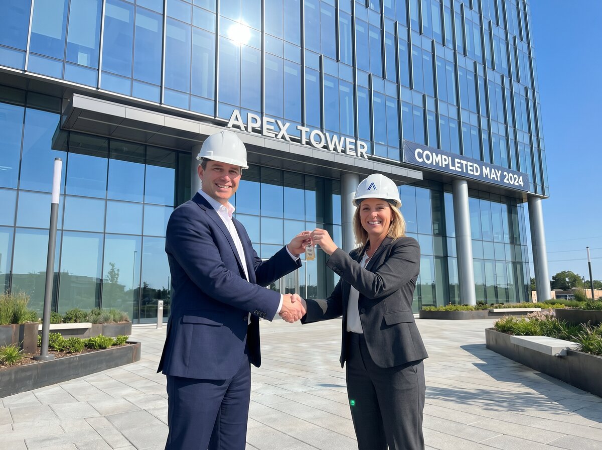 Construction project closeout — keys handover at glass building