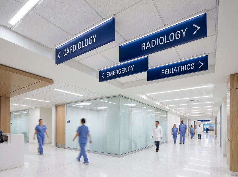 Overhead directional sign in facility corridor