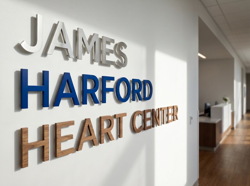 Raised tactile signs in brushed aluminum, acrylic, and wood veneer