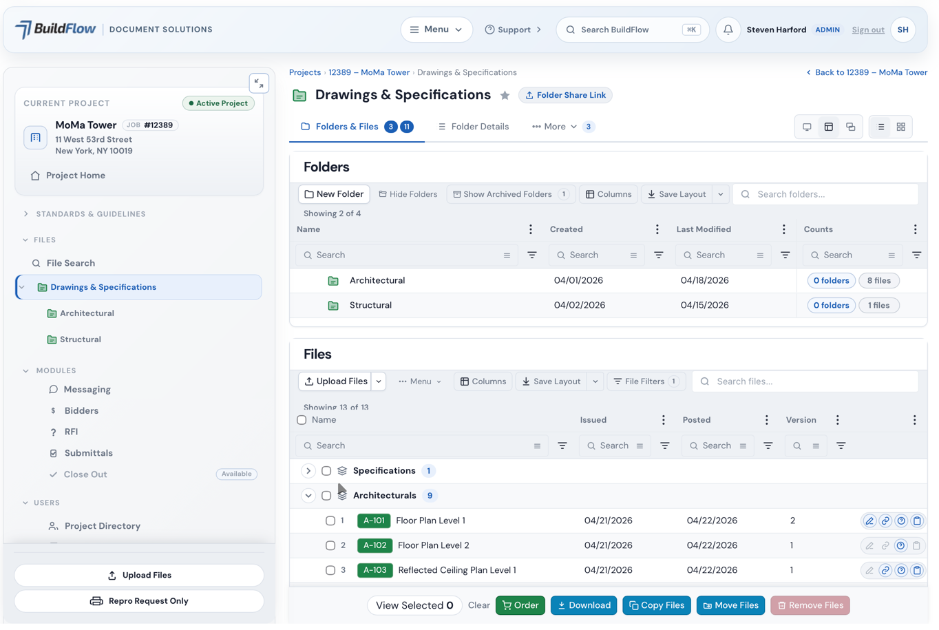 BuildFlow document management interface — Drawings and Specifications with folder view, file grid, and version tracking for MoMa Tower