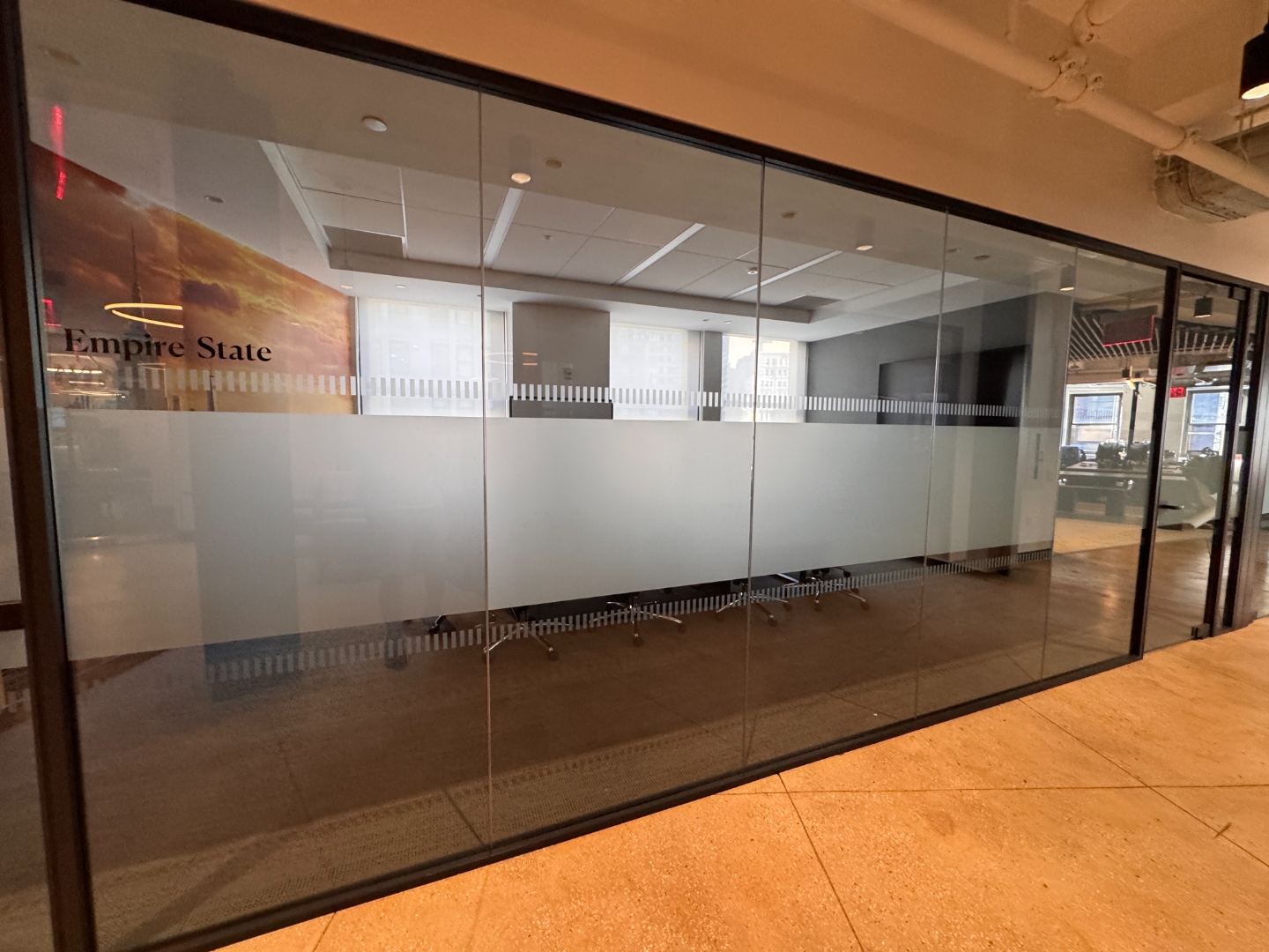 Frosted glass privacy film in a conference room