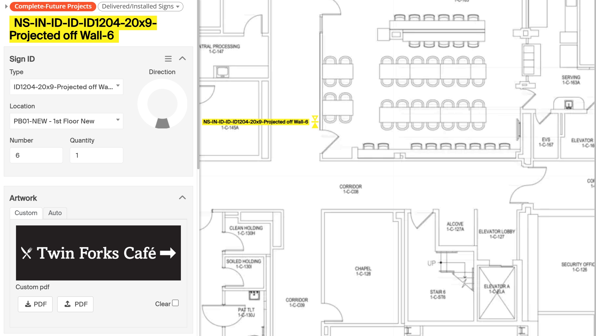 BuildFlow Signage Portal showing sign placement on a floor plan
